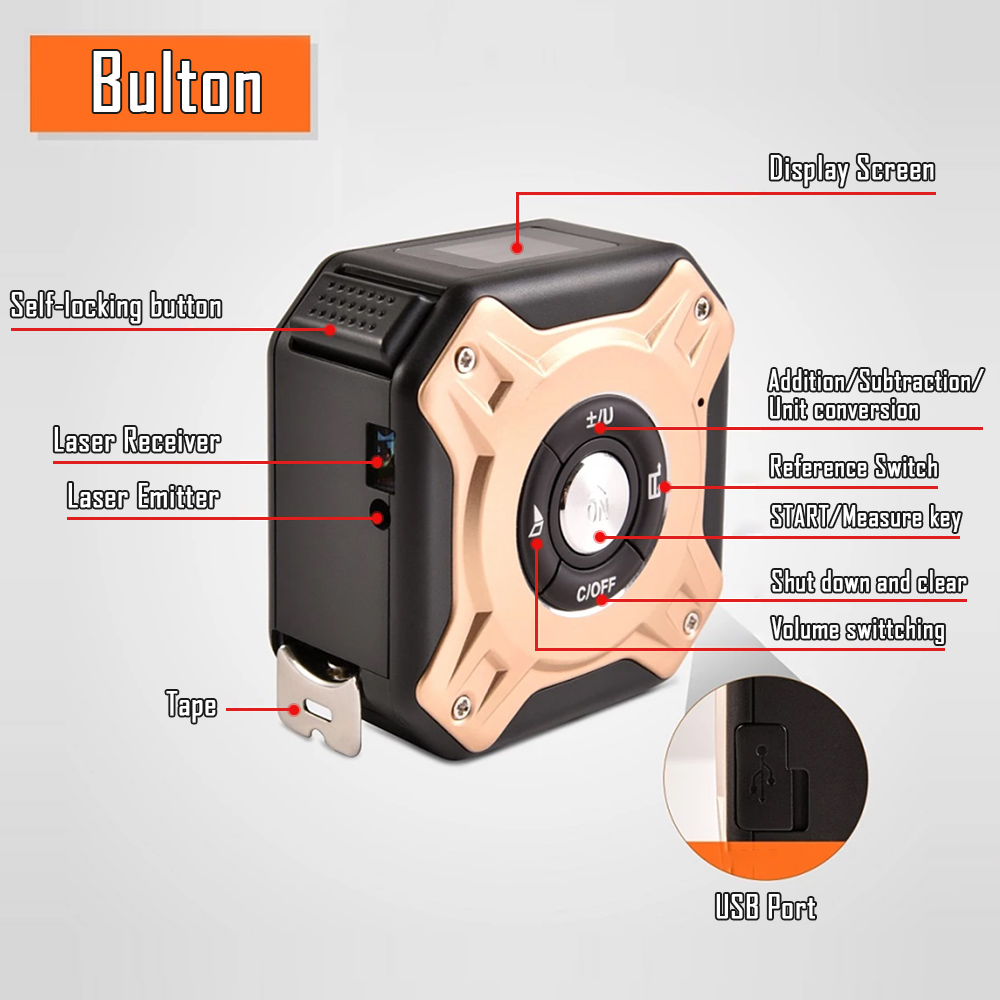 50M Laser Tape Measure Distance Meter Stainless Digital Retractable Roll Cord Rangefinder Woodworking Laser Measuring Instrument.