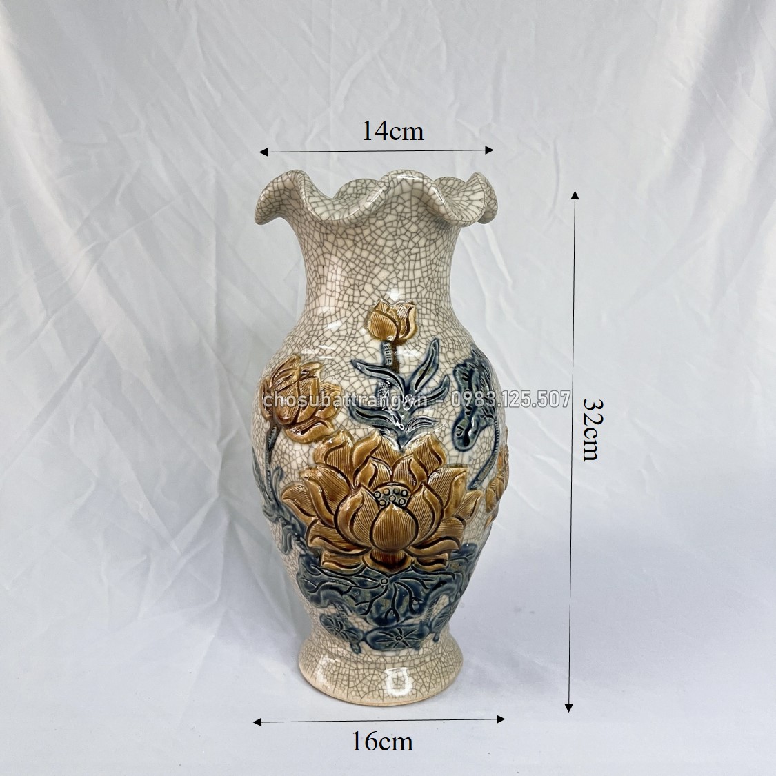 Bat Trang Worship Vase with Cracked Enamel Embossed with Lotus Flowers - Bat Trang Porcelain Market Altar Vase