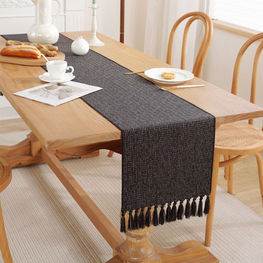 4/6/8/10 Seaters Light Luxury Style Solid Color Gold Jacquard Table Runner Modern Tassel Table Runner Black Dining Table Runners with Cotton Linen Table Cloth for Home Hotel Wedding Table Decoration