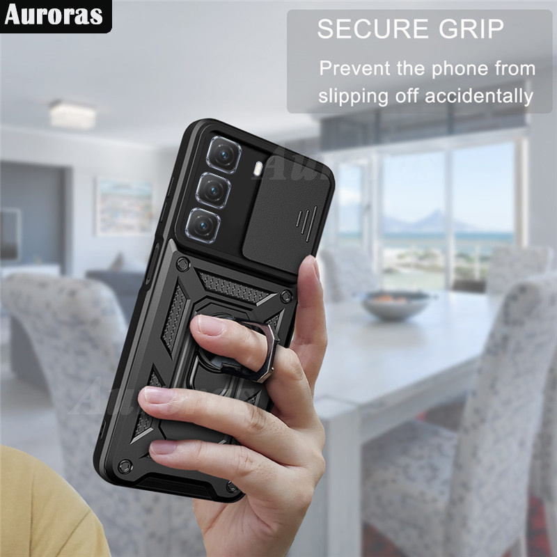 For infinix Hot 50 Pro Plus Phone Case Camera Lens Protector Shockproof Armor Iron Metal Car Ring Kickstand Bracket Casing for infinix Hot 50 Cover Casing HP. 