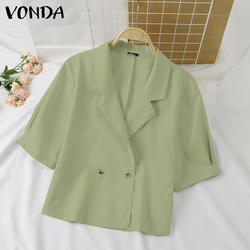VONDA Womens Fashion Lapel Collar Suit Formal Work OL Short Sleeved Solid
