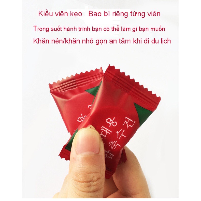 Combo 10 cái - Khăn giấy nén dạng viên kẹo MÀU ĐỎ Hàn Quốc, khăn lau mặt du lịch gọn gàng