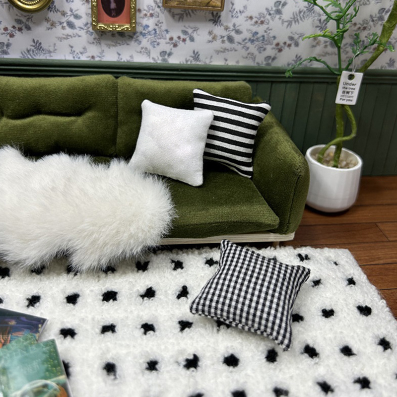 1:12/1:6 Dollhouse Miniature Carpet Plush Black Plaid Floor Mat Mini Simulation Rug Mat Model Living Room Bedroom Home Decor HENGLI.