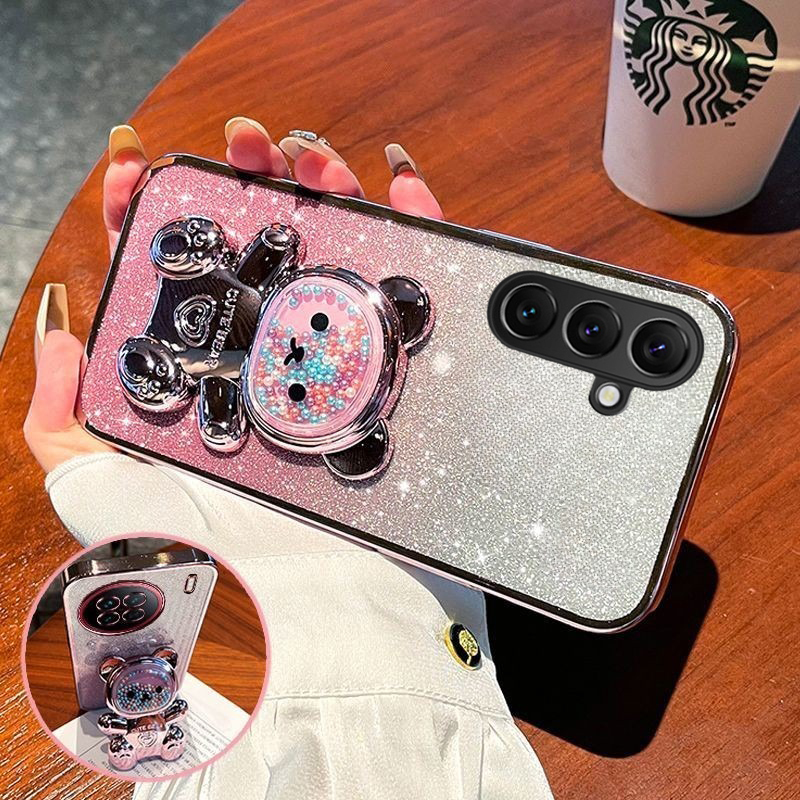 New Phone case Smasung A07 A17 with Gradient 3D Bear Folding Stand Bracket Luxury Slim Plating Glitter Girls For Samsung Galaxy A07 A17 case.