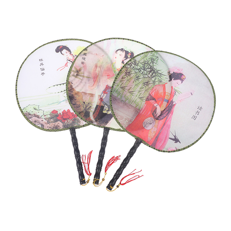 Round Hand Fan Chinese Style Vintage Printing Silk Fan Wedding Dance Accessory. 
