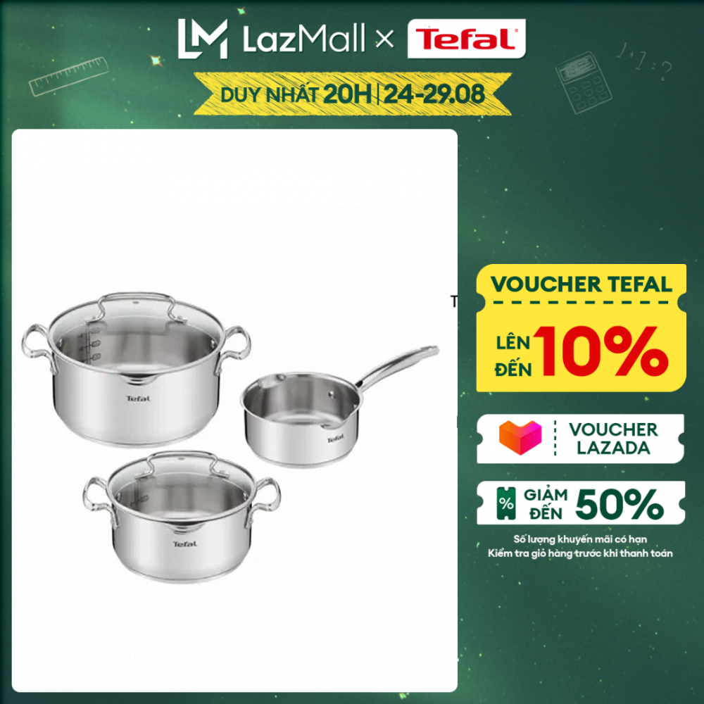 Bộ 3 nồi inox cao cấp Tefal Duetto Plus (Quánh 16cm - 1.4L, Nồi 20cm - 2.8L, Nồi 24cm - 4.9L)