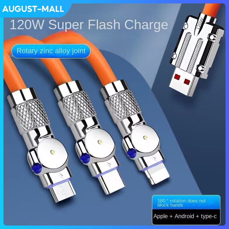 120W 3 trong 1 siêu nhanh Cáp Sạc Micro loại USB C gaming180 ° xoay dữ liệu cáp cho Huawei điện thoại thông minh Cáp silicon 1.2m