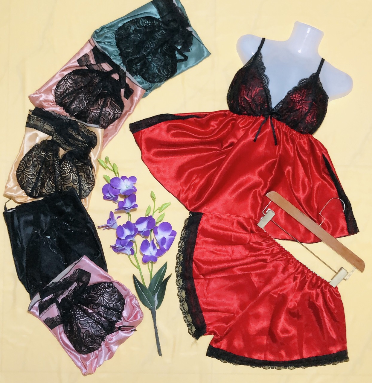 Set Sexy Bigsize Từ 60-70kg Phối Ren Có Mút,Vải Phi Lụa Mềm Mại
