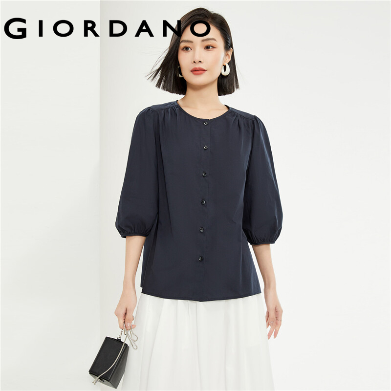 GIORDANO Women Shirts Modal Poplin Puff Sleeve Gentle Blouses Crewneck Button Closure Simple Fashion Casual Blouses 13344213