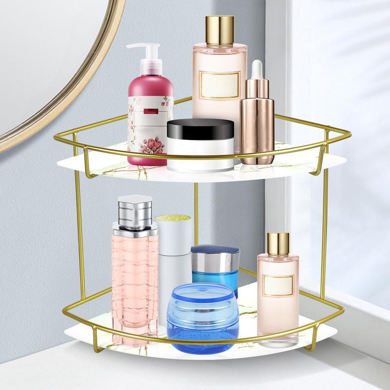 Tam giác kim loại truy cập kệ để góc phòng 2 tier góc kệ phòng tắm organizer kim loại truy cập kệ để góc phòng với cẩm thạch khay thủy tinh vanity organizer 2 tier góc kệ phòng tắm organizer tiết kiệm không gian góc chăm sóc da tổ chức