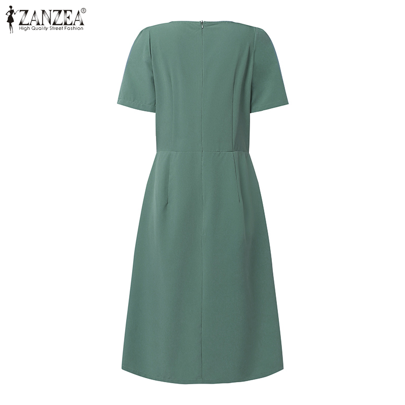 ZANZEA%20Korean%20Style%20Women's%20Dresses%20New%20Fashion%20Puff%20Short%20Sleeve%20Solid%20Back%20Zipper%20Elastic%20Waist%20A-Line%20Dress%20-%20Image%207