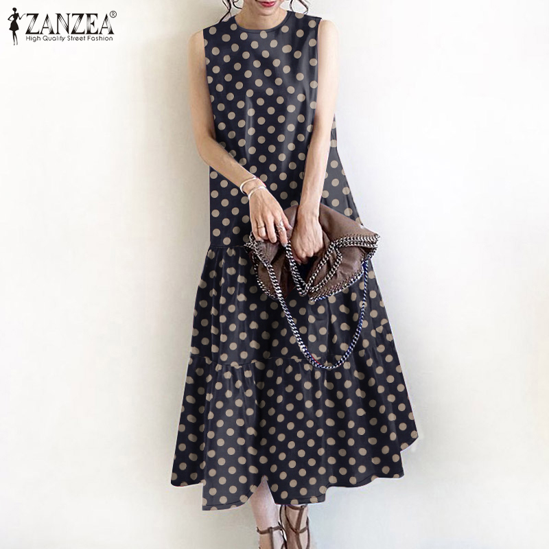 ZANZEA%20Korean%20Style%20Women%20Ladylike%20Polka%20Dot%20Midi%20Sundress%20Round%20Neck%20Loose%20A-Line%20Dresses%20-%20Image%203