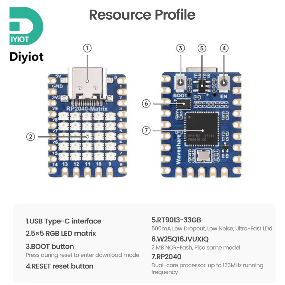 Diyiot RP2040 Mini Development Board 5 * 5 RGB LED Matrix Development Board Module Type-C Connector Support for MicroPython C/C++