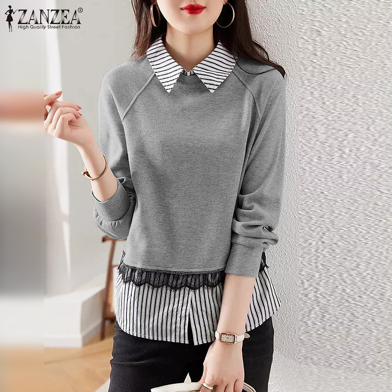 HijabFab ZANZEA Korean Style Womens Stripe Patchwork Lace Top Blouse Turn-Down-Collar Long Sleeve Tee Shirt #11
