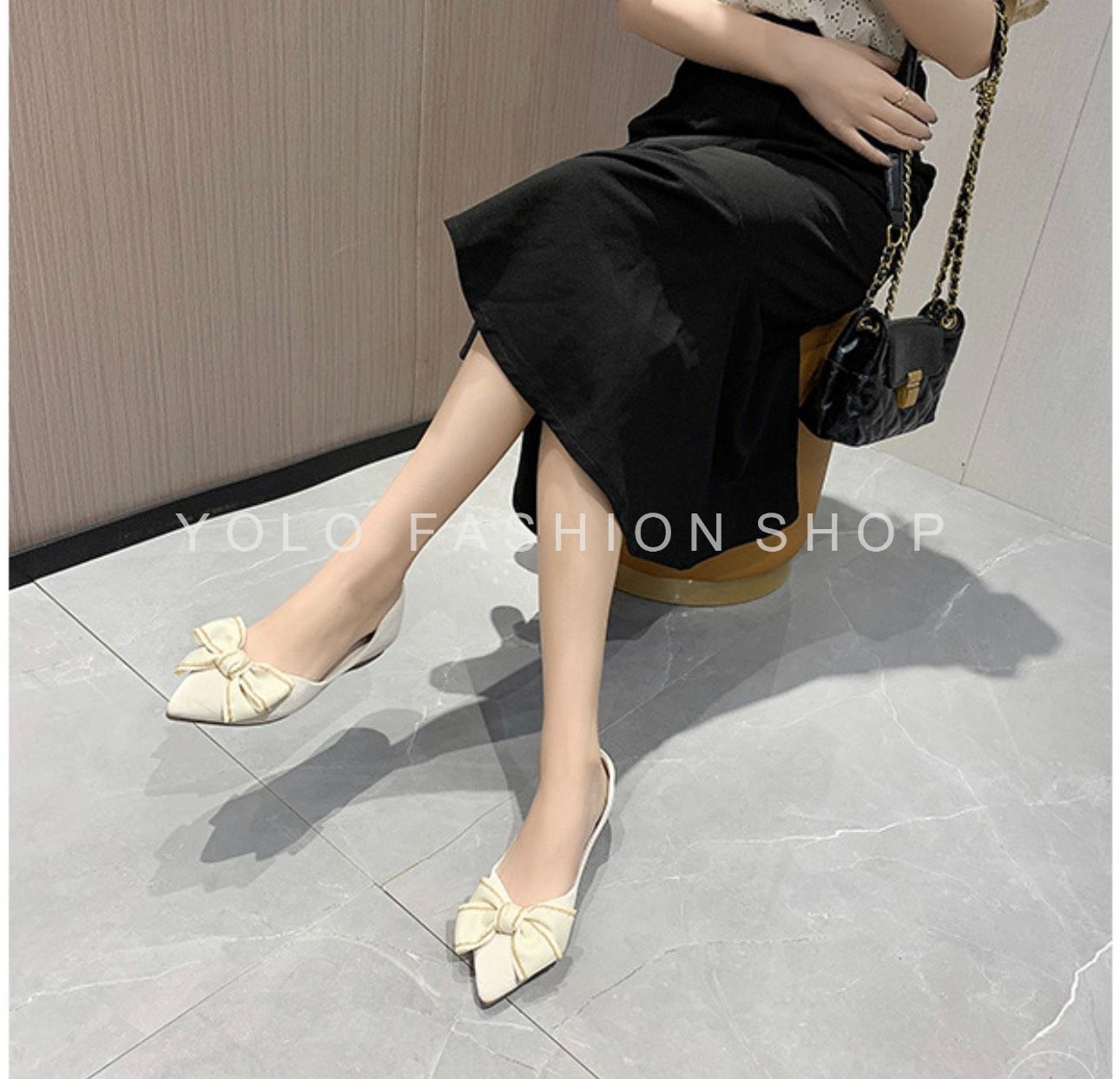 Giày bệt mũi nhọn da lì nơ lụa đế cao su dẻo êm chân-B34