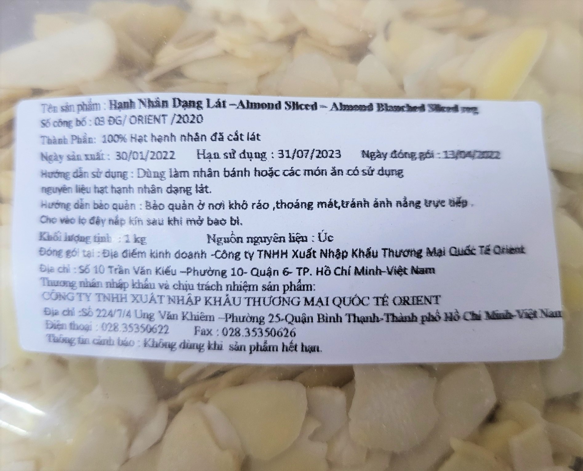[GÓI 1 KG] HẠNH NHÂN CẮT LÁT [Australia] ORIENT Almond Slices (ori-hk)