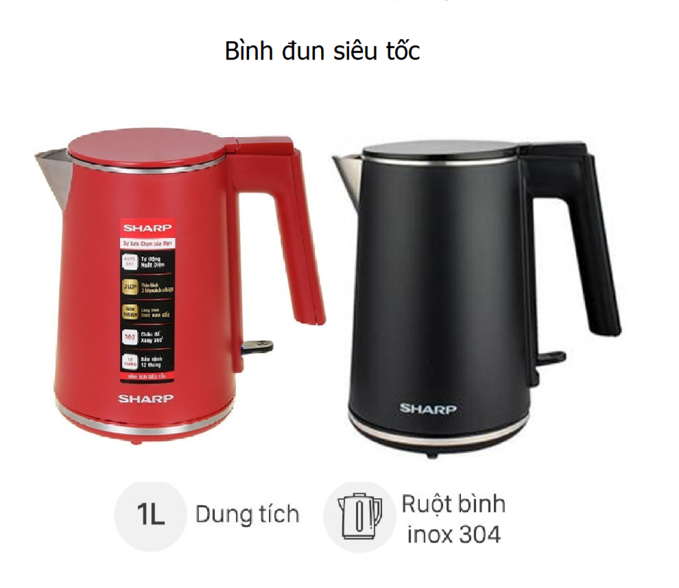 Bình đun siêu tốc Sharp EKJ-10DVPS -RD/BK Inox  304, Dung tích 1Lit- Bảo hành 12 tháng
