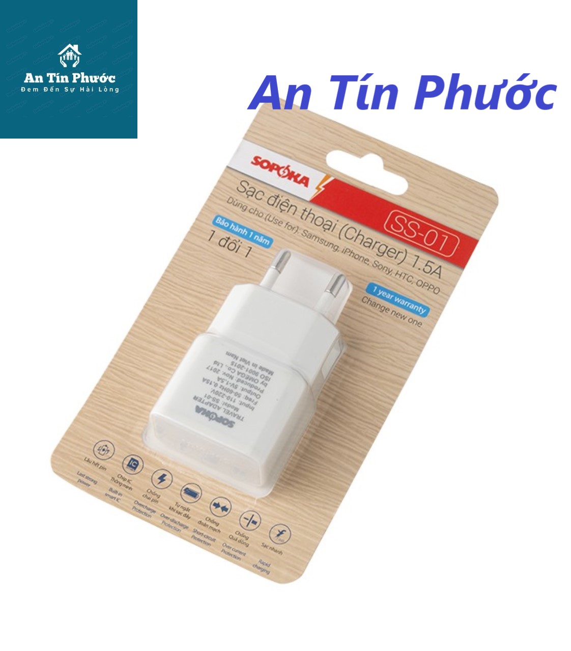 Củ sạc điện thoại SOPOKA 1.5A, Mã SS-01