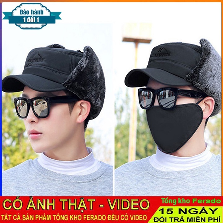 Mũ lưỡi trai lót lông kèm khẩu trang cho mùa đông, Mũ lông giữ ấm trùm tai nam nữ che kín khuôn mặt chống rét FERADO