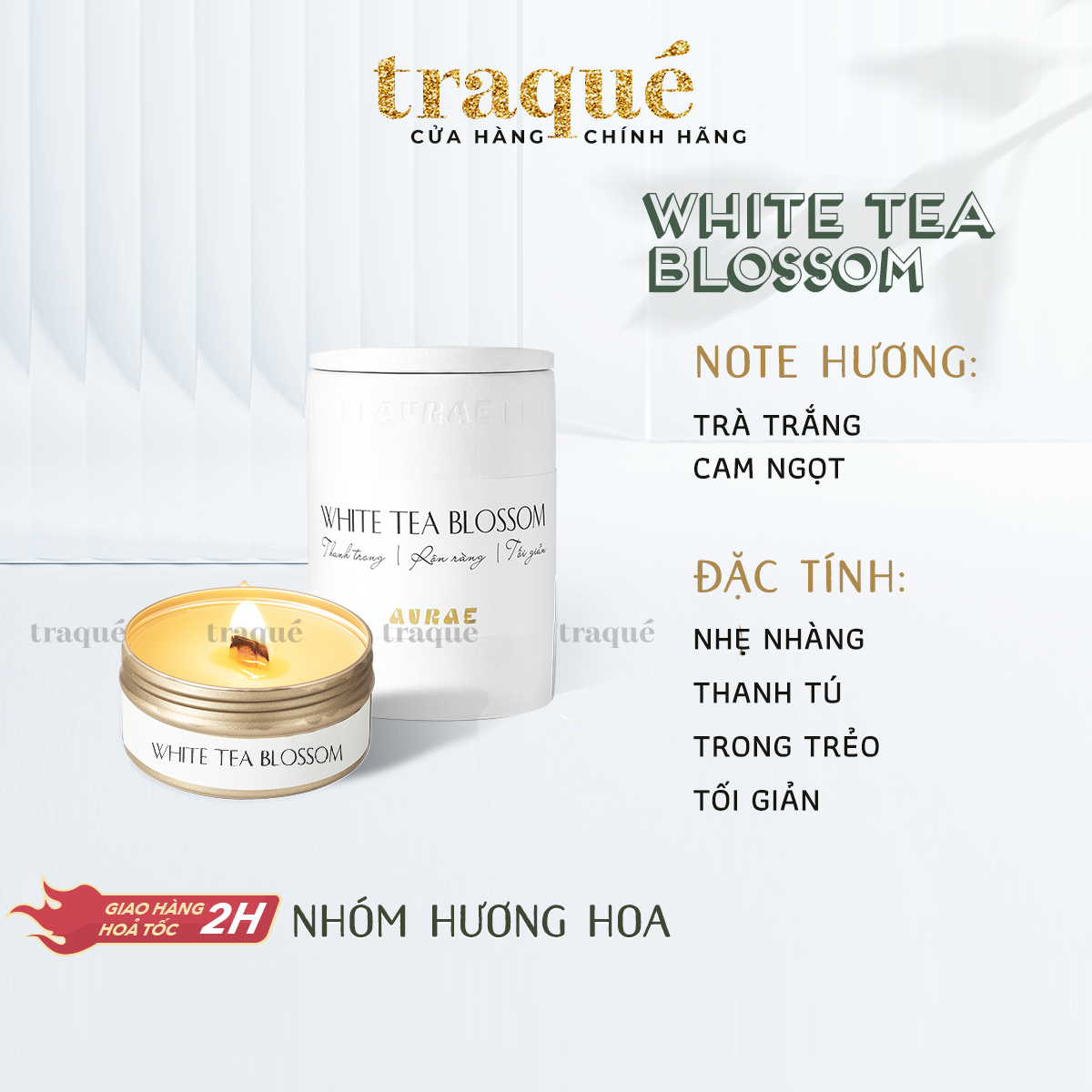 White Tea Blossom - Có thể refill - quà tặng kèm khi mua size 150g] Nến thơm tinh dầu Aurae - dòng Signature -SX tại VN thumbnail