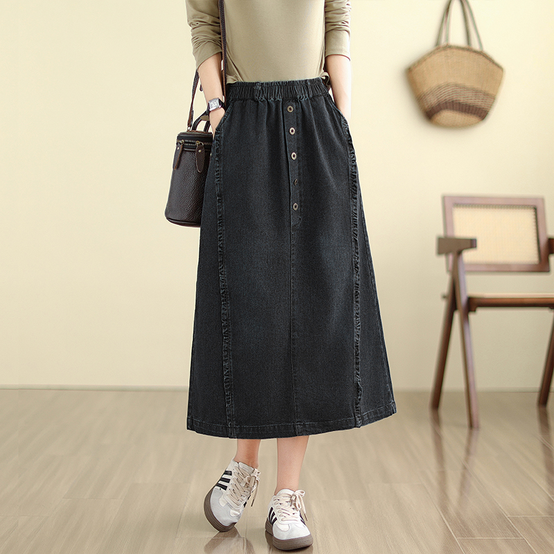 WhiteTime Denim Skirt Female Artsy Vintage Wood Ear Edge Washed Denim Skirt Elastic Waist High Waist A-line Skirt Fashion Simple and Versatile301T3538