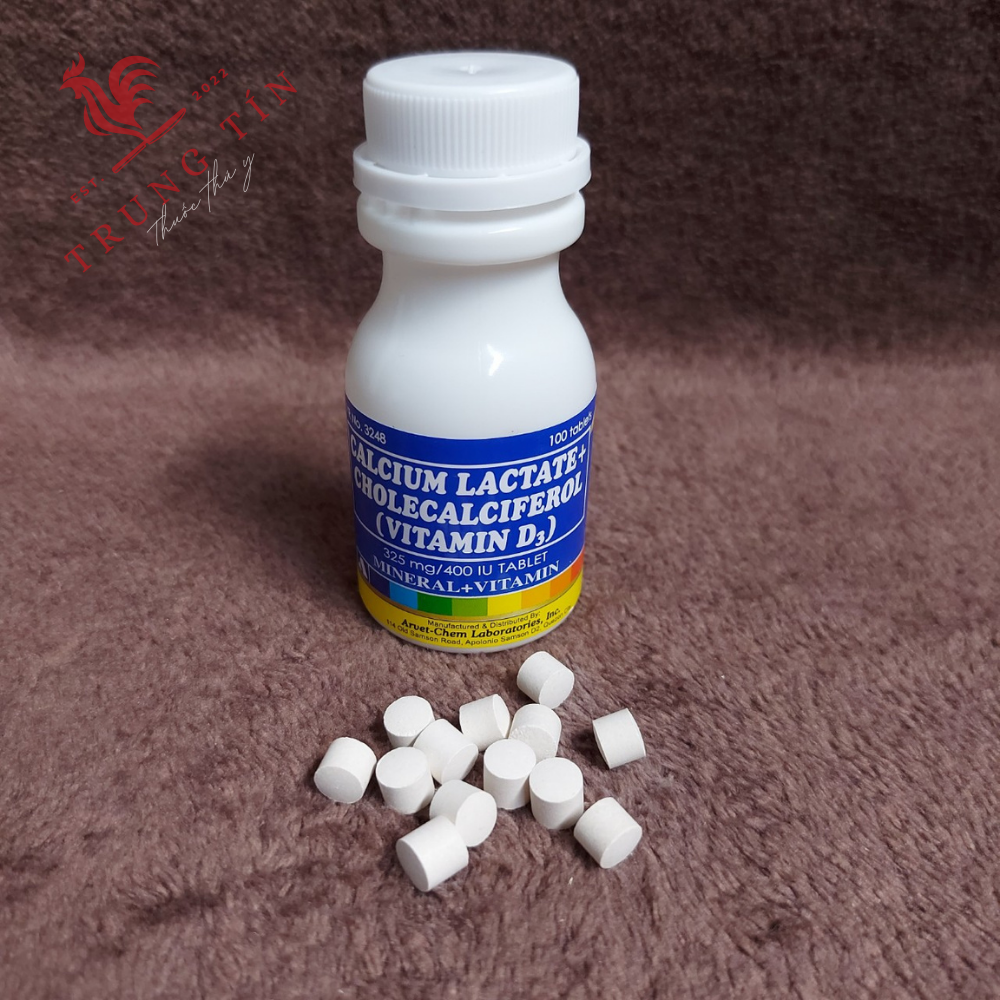 Lọ 100 viên (cung cấp canxi cao cấp Philippines) Calcium Lactate + Cholecalciferol (Vitamin D3) thuốc gà đá