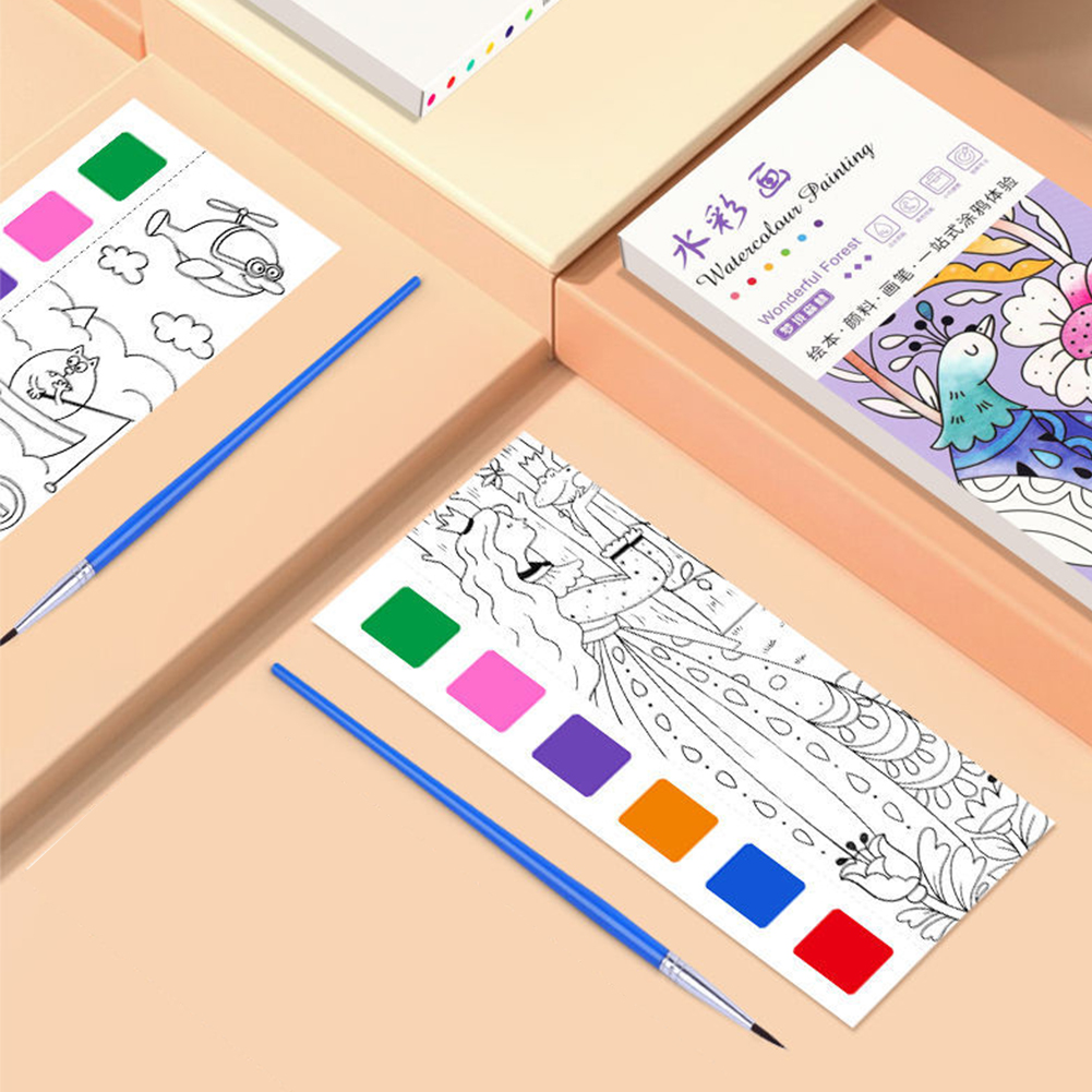 SF Portable Watercolor Painting Book 12 Sheets Coloring Book With Paint Brush Gouache Book Kids Graffiti Picture Drawing Stationery. 