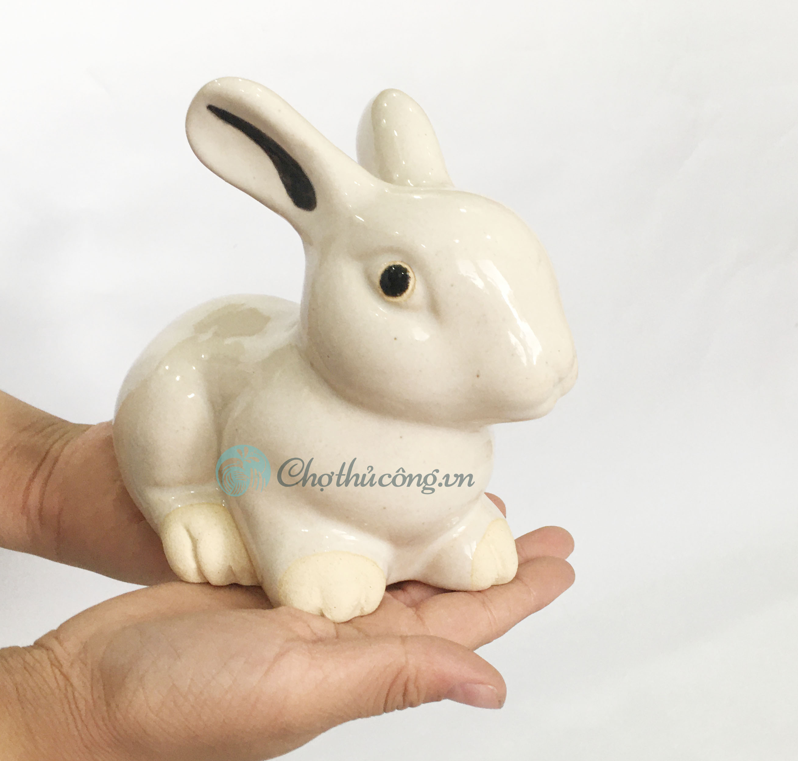 Medium size enameled ceramic jade rabbit - Rustic ceramic rabbit statue, lovely decoration, vintage decor