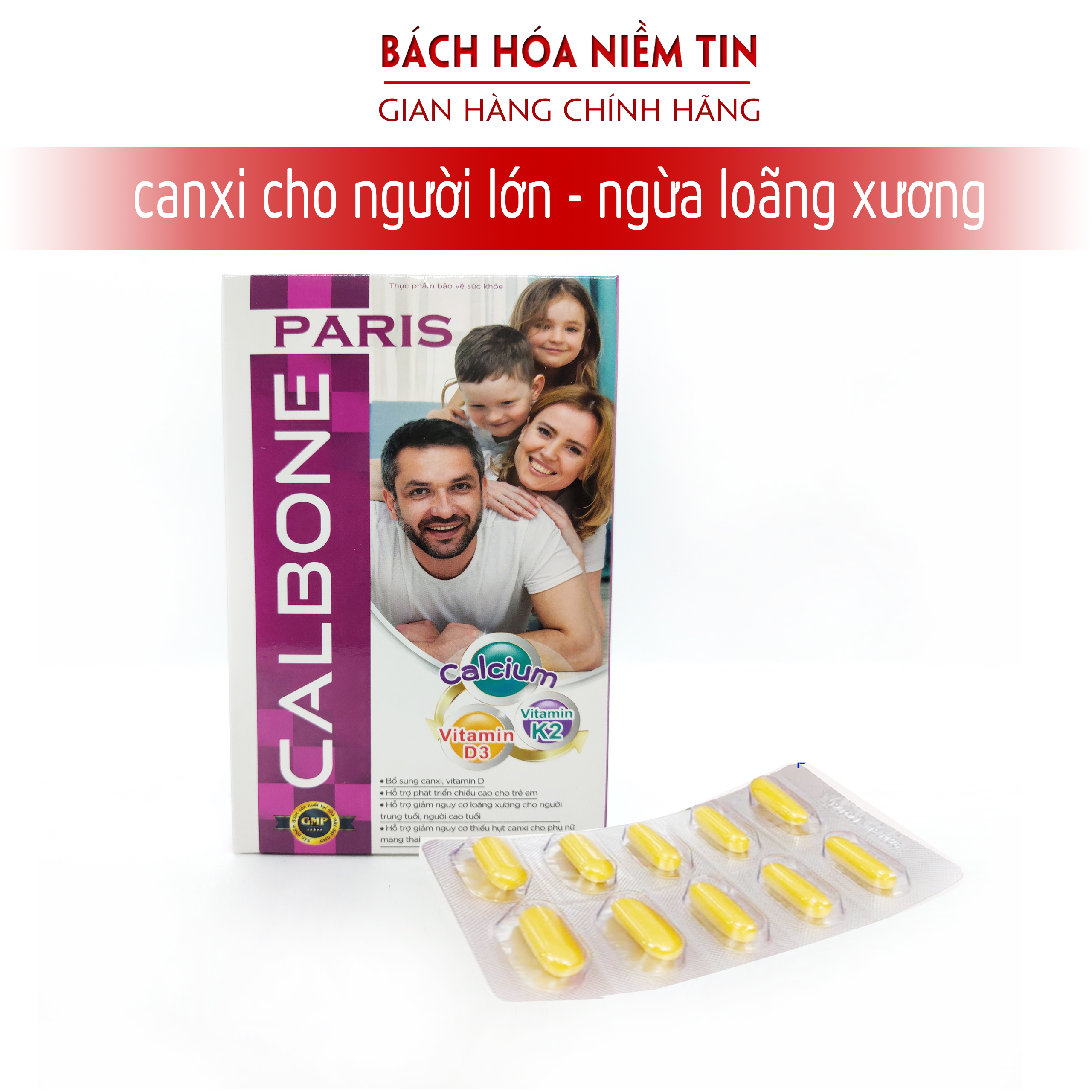 Viên uống bổ sung canxi CALBONE - PARIS - Giúp phát triển chiều cao cho trẻ em, ngừa loãng xương cho người già hiệu quả - Hộp 60 viên - Chuẩn GMP Bộ Y tế