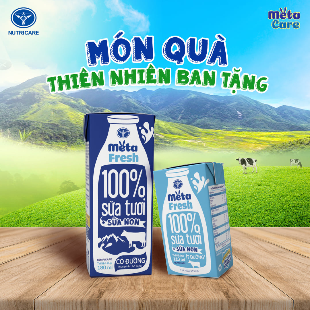 Thùng sữa tươi Meta FRESH ít đường (180ml x 48 hộp)
