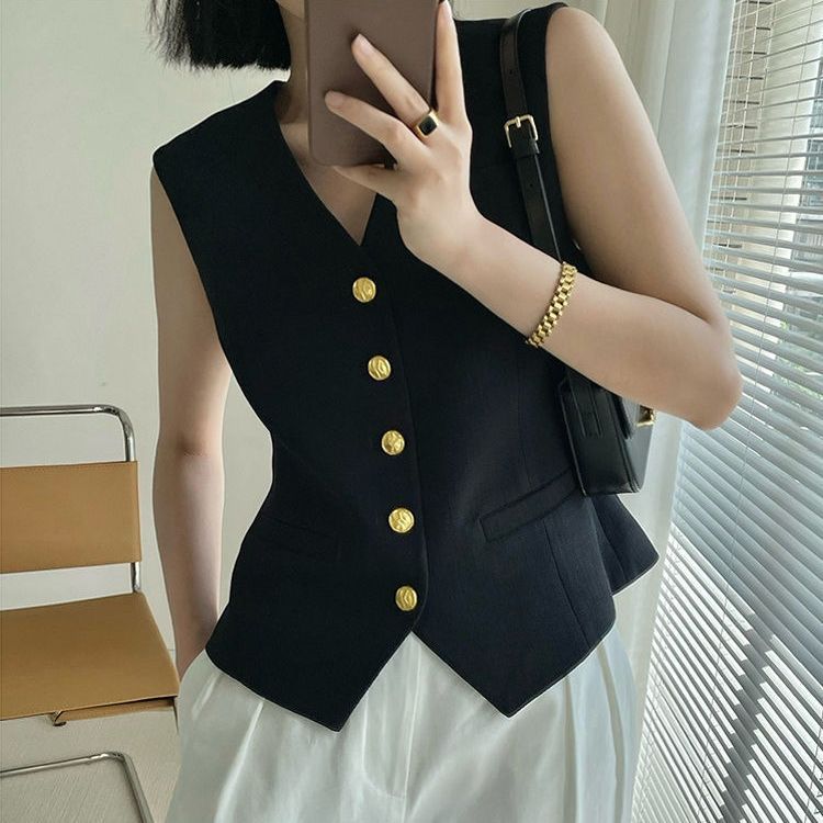 Áo vest đen phong cách pháp, áo gilê, áo không tay ngắn xếp chồng lên nhau mặc cảm giác thiết kế mặc ngoài xuân hè cho nữ