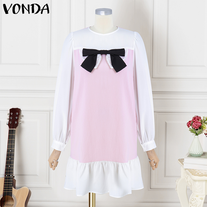 VONDA%20Women's%20Fashion%20Crew%20Neck%20Bowknot%20Contrast%20Dress%20Sweet%20Bubble%20Sleeve%20Ruffle%20Girlish%20Dresses%20(Korean%20Floral)%20-%20Image%205