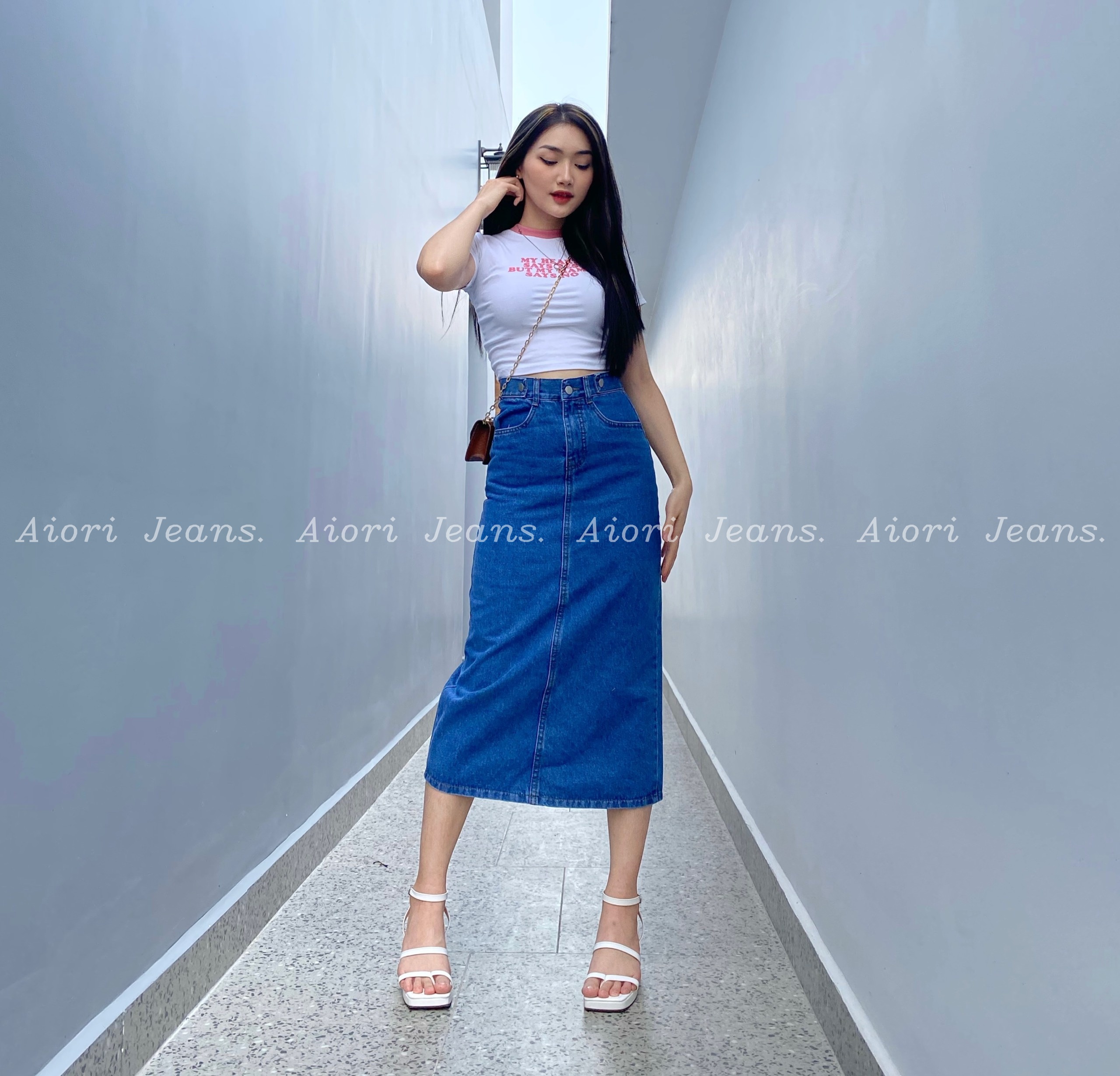 Chân Váy Jean Denim AIORI Thiết Kế Midi Dài Xẻ Tà Lưng Cao Dáng Chữ A Cạp Cao Thời Trang_Mã V005