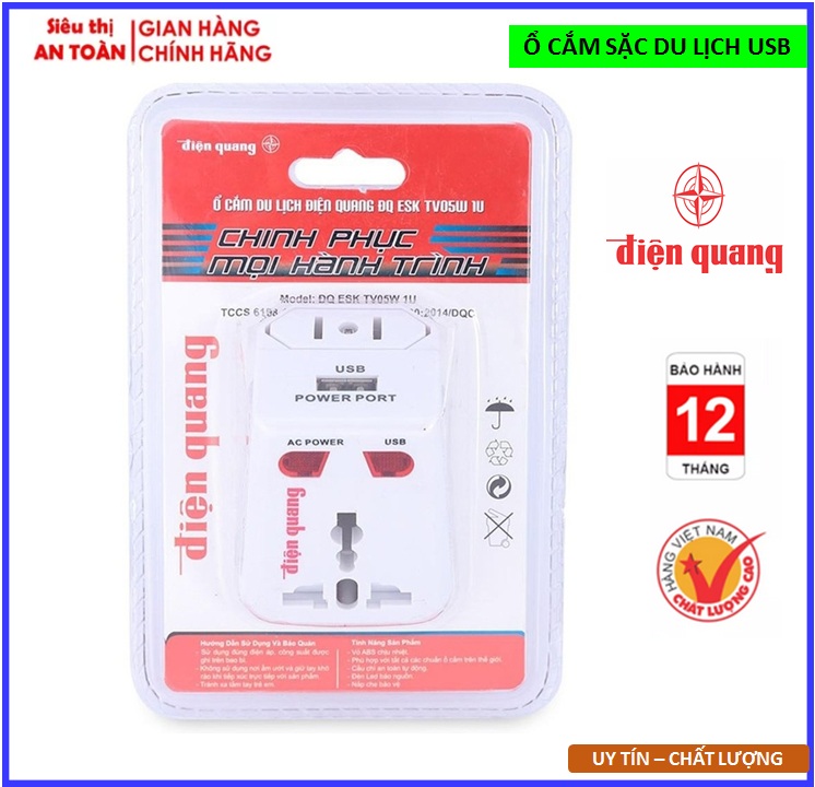 Ổ cắm du lịch điện quang đq esk tv05w 1u v02 sạc usb tiện dụng bảo hành 12 tháng toàn quốc