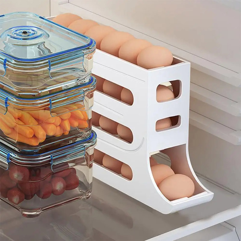 Household kitchen egg storage box, large capacity refrigerator side door dedicated four layer slide automatic egg box