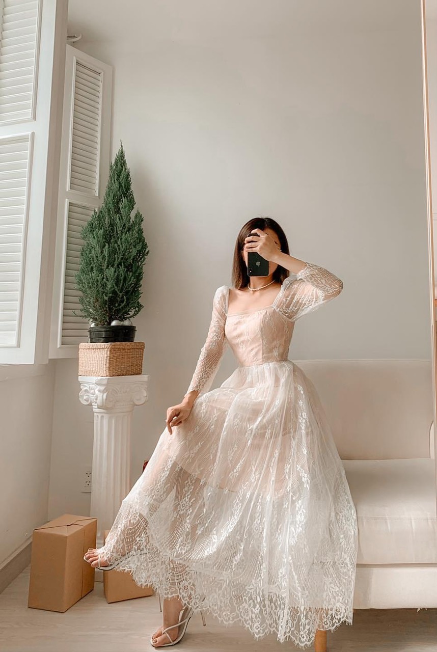 đầm ren dáng dài có lót lụa xinh lung linh ld22
