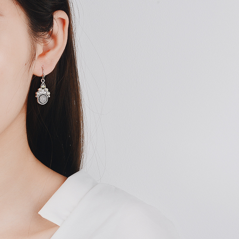 Bague Ringen Vintage Temperat Earrings for Wo Moonstone Water Shaped Ruby Silver 925 Jewelry Anniversary. 