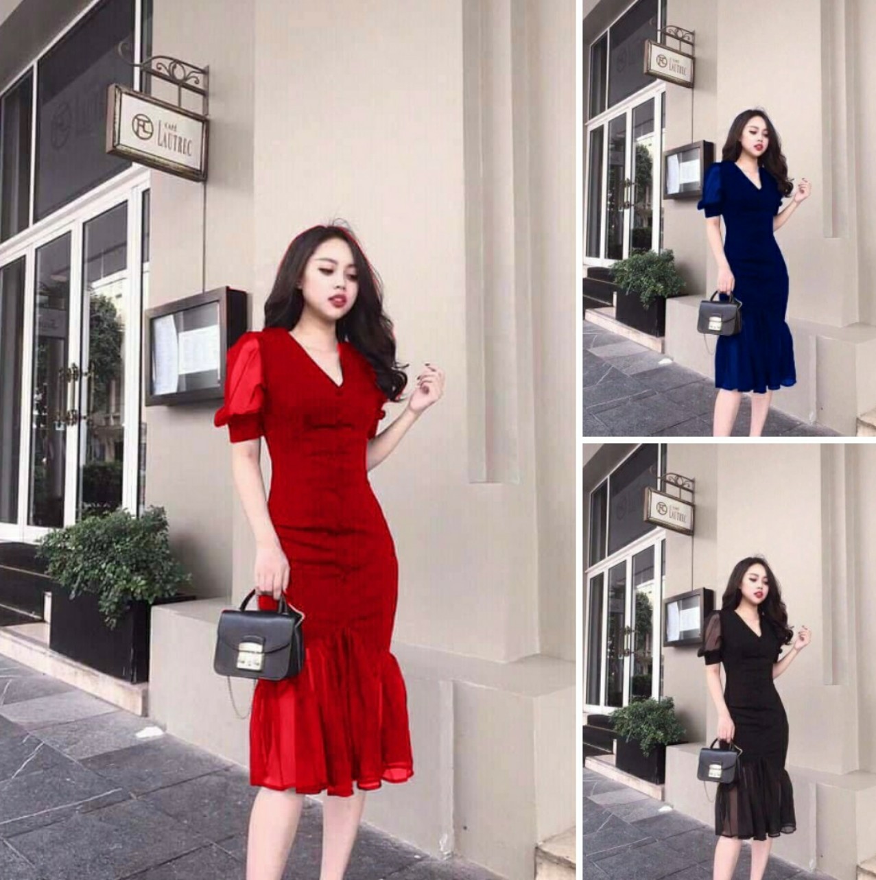Đầm Body cổ v tay phồng cao cấp - YB220514