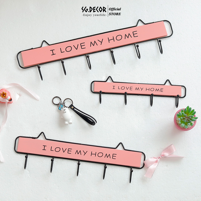 Hàng Móc quần áo túi xách SG MALL Bằng Sắt khung Gỗ I love my Home treo đồ chìa khóa trang trí nhà cửa