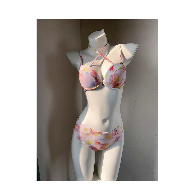 set bikini 4 mảnh màu hoa hồng cam