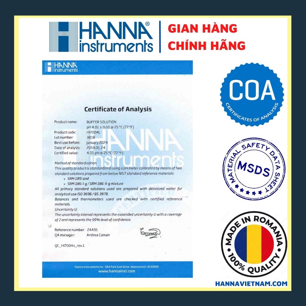 HI7004L pH 4.01 Calibration Solution (500 mL) , HANNA