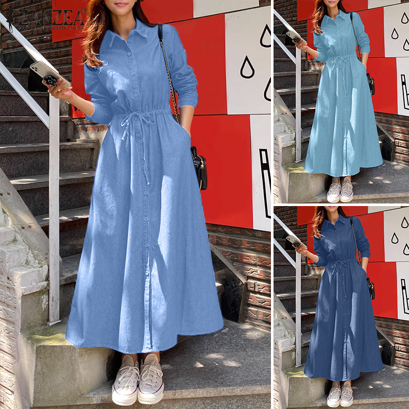 ZANZEA%20Korean%20Style%20Women%20Girlish%20Streetwear%20Lapel%20A-Line%20Long%20Dresses%20Full%20Sleeve%20Drawstring%20Solid%20Dress%20-%20Image%204