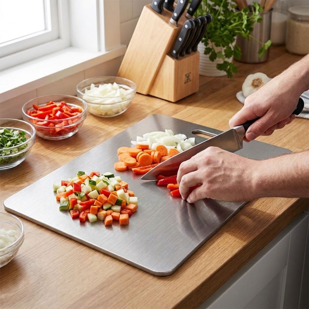 Double-Sided Stainless Steel Cutting Board Thickened Mildew-Proof Fruit Cutting Board Multi-functional Chopping Tray Household Use.