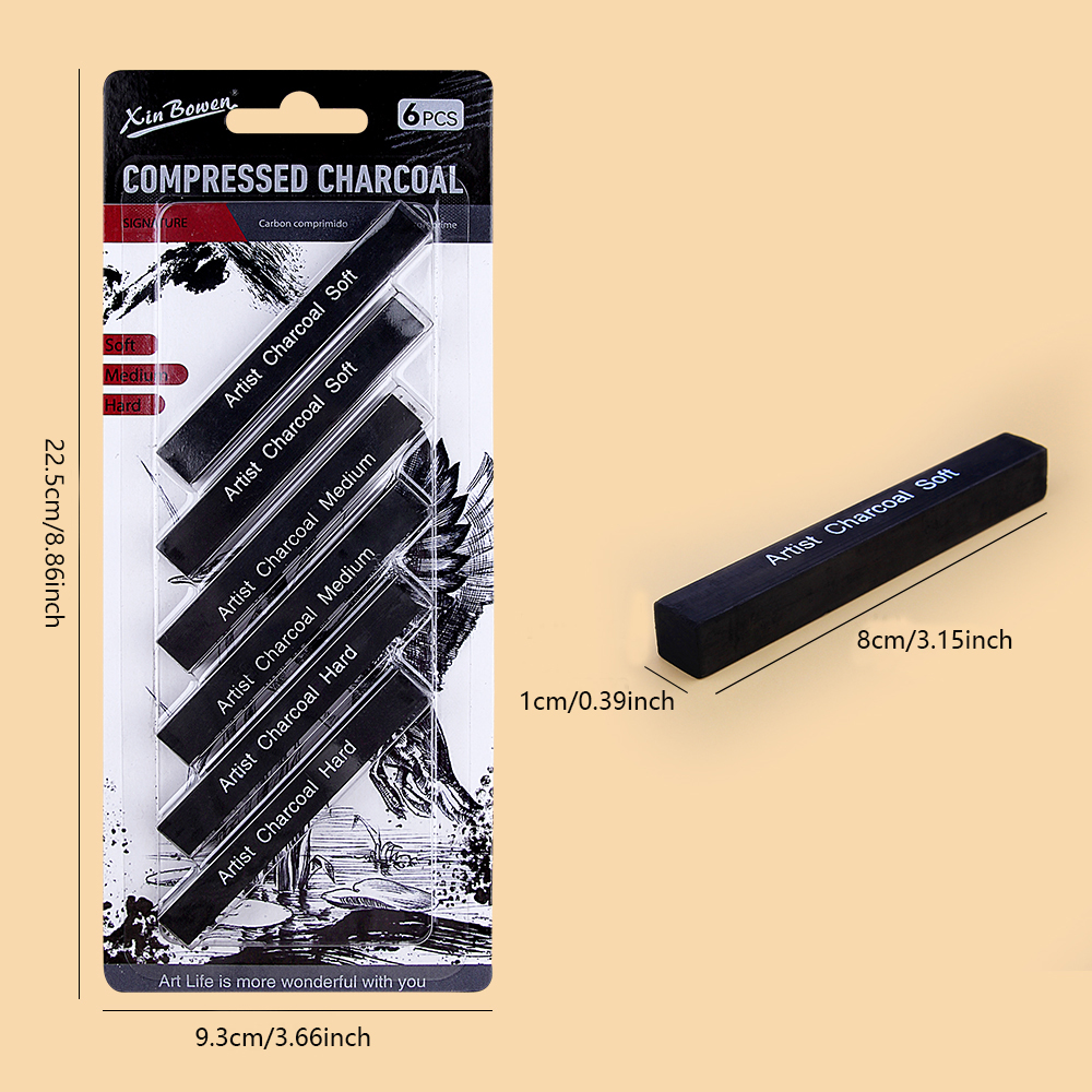  6Pcs Compressed Charcoal Sticks Soft Medium Hard