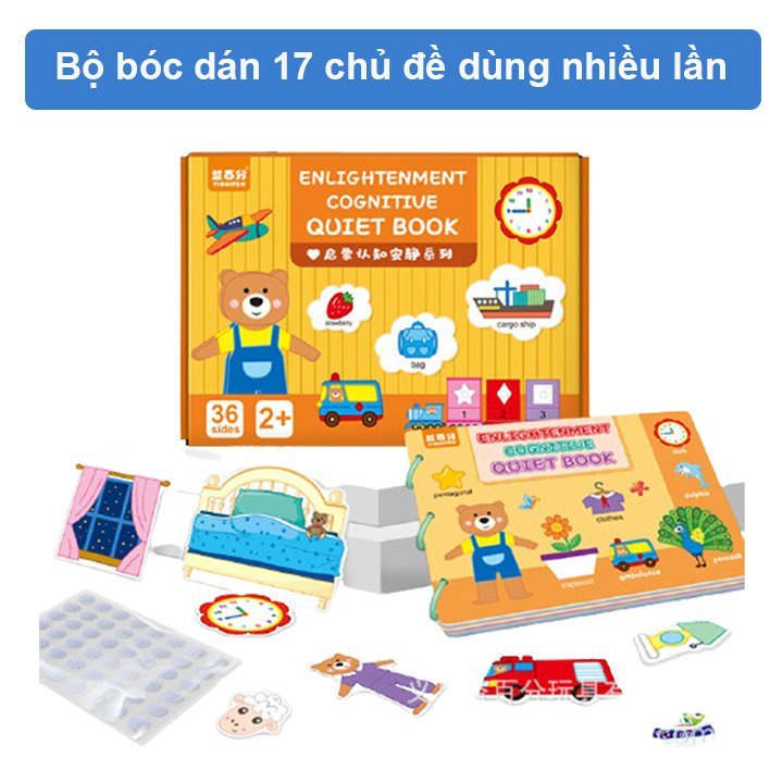 Đồ chơi giáo dục sớm - Bộ bóc dán hình gấu vàng 17 chủ đề song ngữ Anh Việt Quiet Book giúp bé phát triển IQ