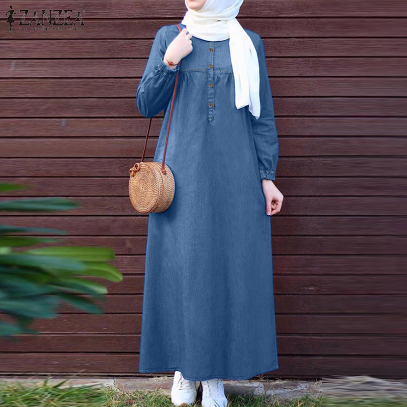 denim dress muslimah malaysia ZANZEA Muslimah Women Muslim Vintage Round Neck Denim Dresses Casual  Lantern Sleeve Solid Maxi Dress #1014