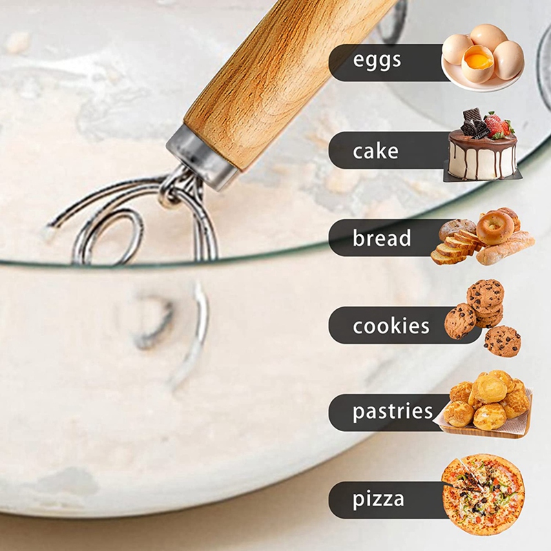 Danish Dough Whisk Dutch Style Bread Dough Hand Mixer Wooden Handle Kitchen