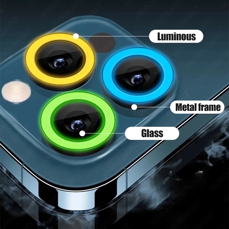 For IPhone 16 Pro Max 15 Pro Max 15 Plus Luminous Back Camera Lens Metal Ring Screen Protector Full Cover Rear Lens Tempered Glass Film Guard for IPhone 15 Plus 14 Pro Max 11 12 13 Mini