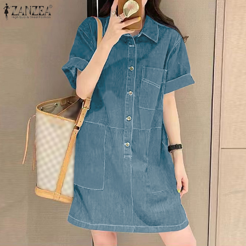 ZANZEA%20Korean%20Style%20Women's%20Dress%20New%20Fashion%20Short%20Sleeve%20Lapel%20Denim%20Shirtdress%20Plain%20Mini%20Dresses%20-%20Image%204