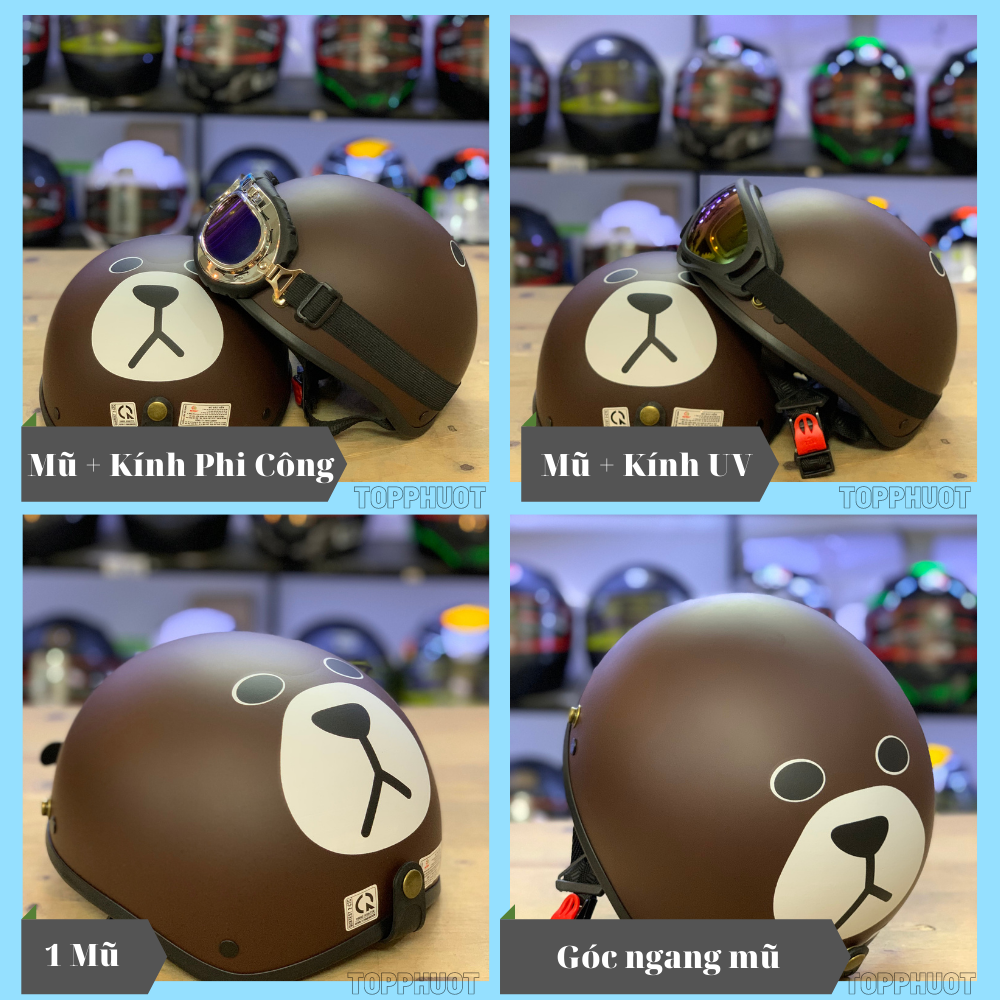 Mũ Bảo Hiểm Nửa Đầu 1/2 Tem Gấu Nâu , Đạt Chuẩn Kiểm Định - Lót Và Quai Chắc Chắn